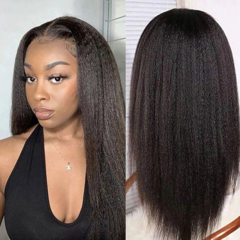 Kinky Straight Yaki Brazilian Human Hair Wig, 200% Density, 13x4 Lace Frontal