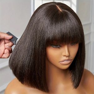 Straight Bangs Human Hair Wig: 3x1 Lace Bob, Sleek and Natural