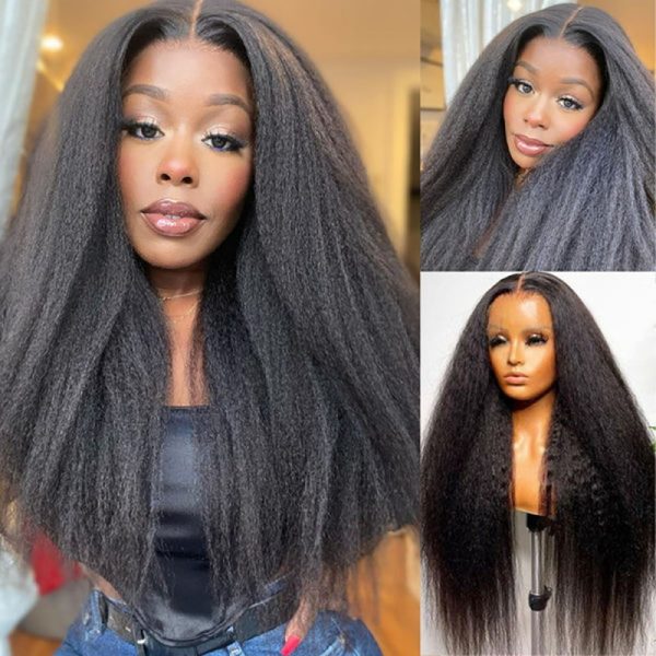 Kinky Straight Human Hair Yaki Brazilian 200% Density 13*4 Frontal Wig