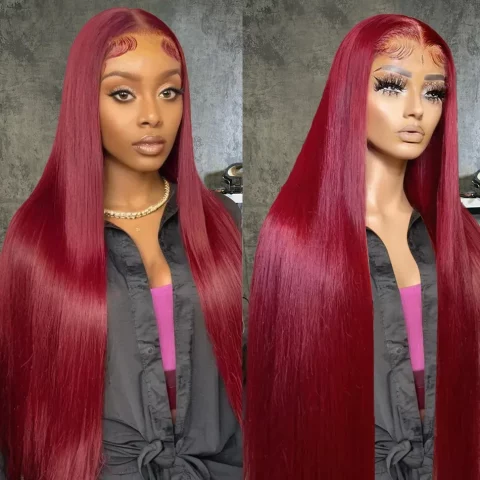 30 36 Inch Burgundy 99J 13x4 13x6 HD Transparent Lace Frontal Wig Brazilian Straight  Lace Front Human Hair Wigs 220% For Women